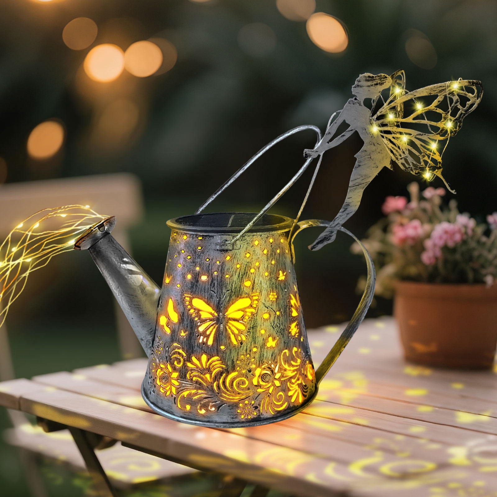 Solar Fairy Watering Can Lights, Butterfly Decorative Hanging Solar Lantern Lights with Hook, Waterproof Garden Lights for Outdoor Patio Yards Pathway Courtyards