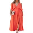 thumbnail image 1 of Women‘s Summer Split Maxi Dress Off Shoulder Deep V Neck Solid Color Mid Sleeve Loose Evening Party Dress, 1 of 6