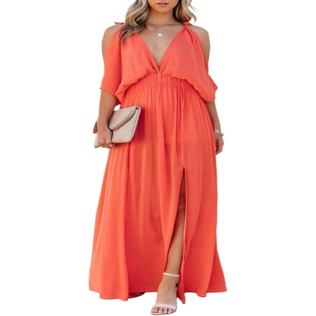 Women‘s Summer Split Maxi Dress Off Shoulder Deep V Neck Solid Color Mid Sleeve Loose Evening Party Dress