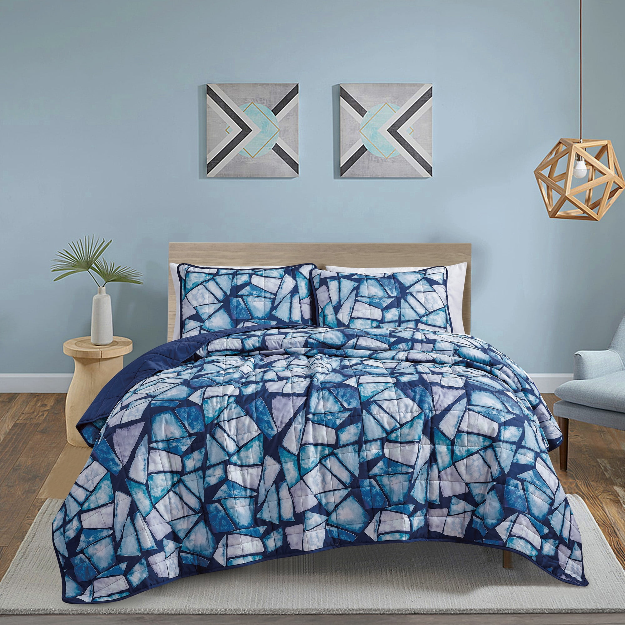 3-Piece Reversible King Bedspread Set, Blue Geometric Mosaic Bedding Coverlet
