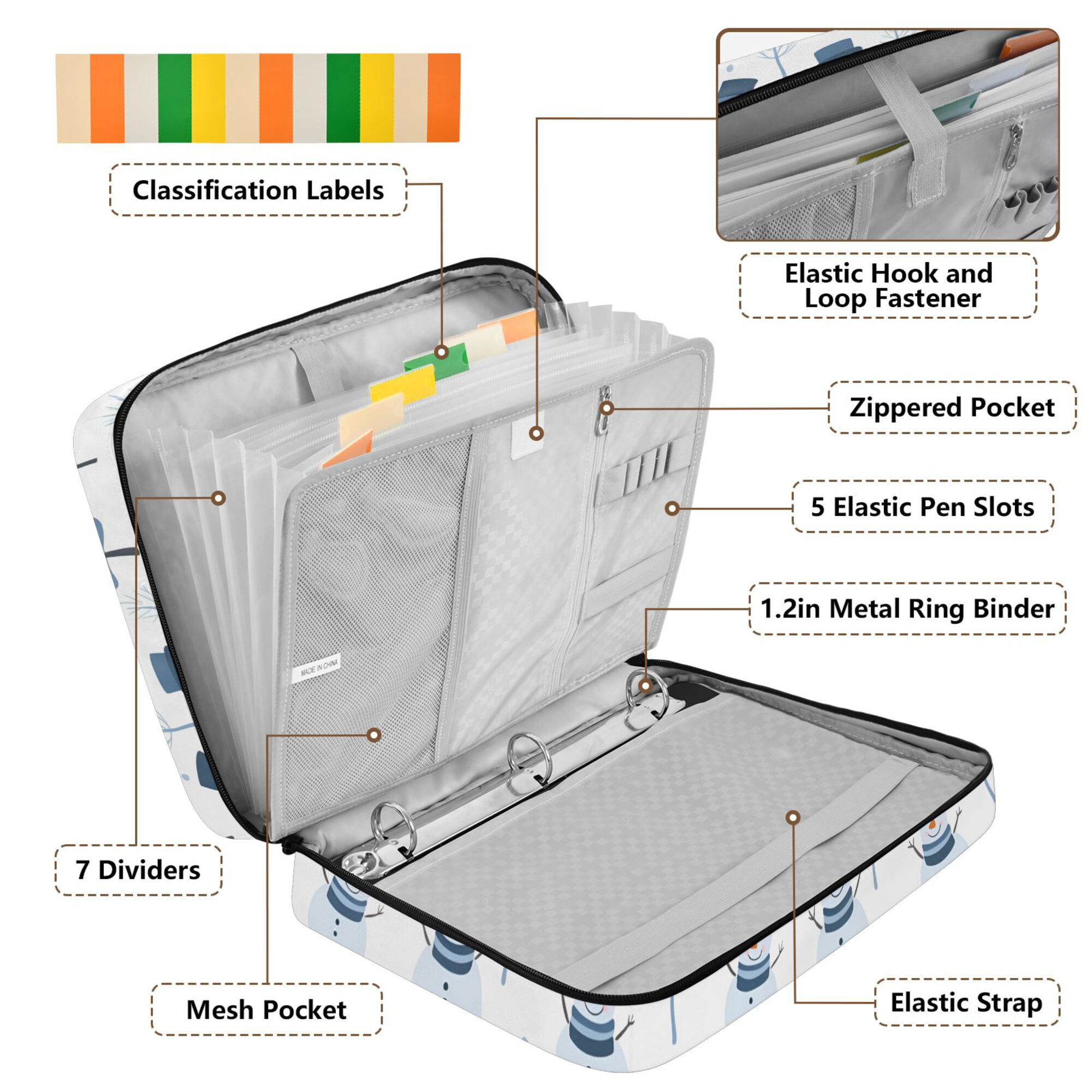 FORMRS Accordion File Folder A4 Size 7-Pocket Expanding Document Organizer Bag with 3 Ring Binder, White Snowman