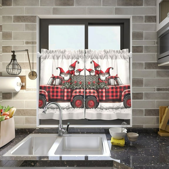 Gnomes Car Trees Christmas Kitchen Curtains Half Tier Curtain 2 Rod Pockets Bathroom Bedroom Cupborad Living Room 27"x24"