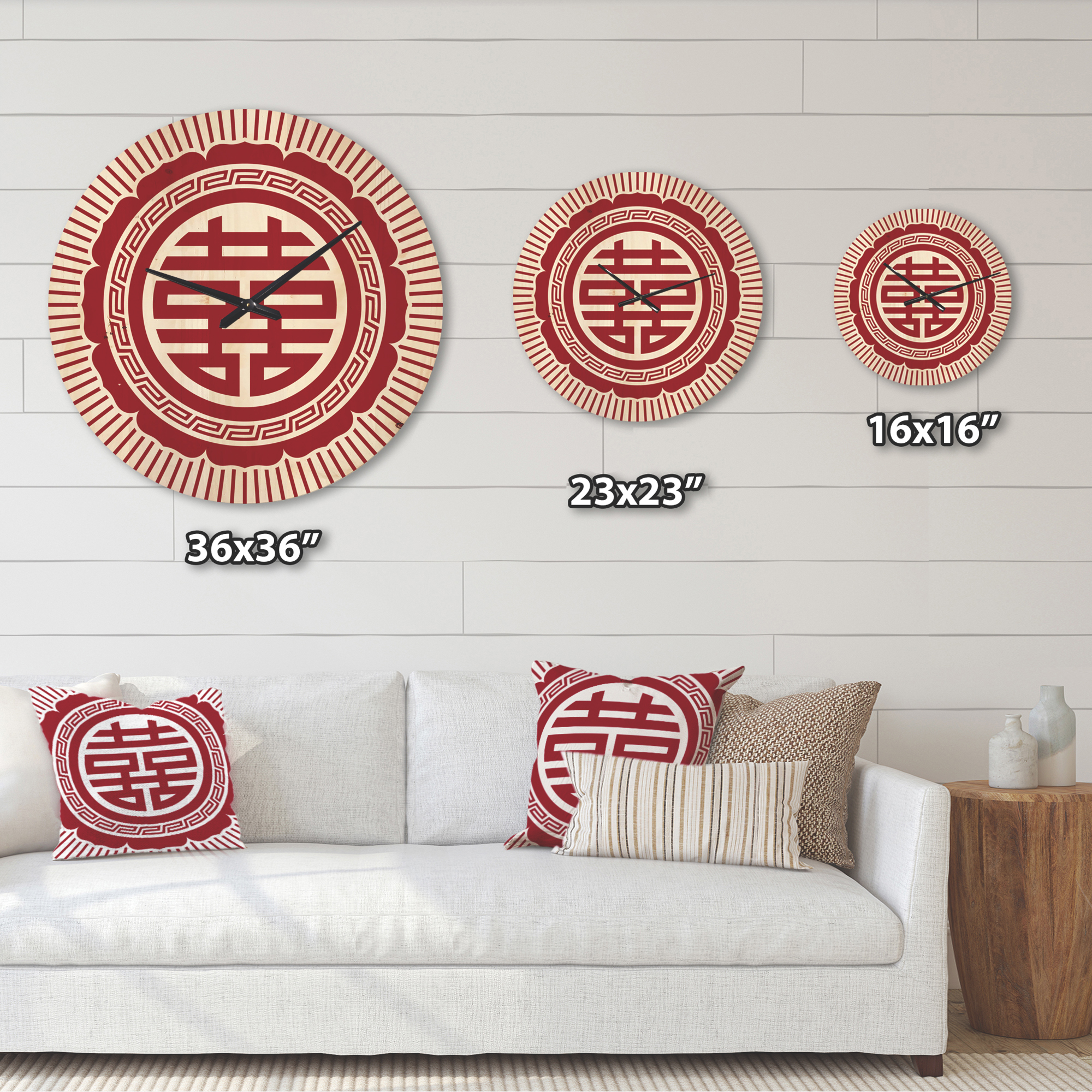 Designart 'Red Asian Double Happiness Symbol ' Modern Wood Wall Clock