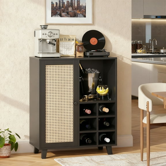 MAYEERTY Rattan Sideboard Cabinet with Wine Racks, Versatile Storage for Kitchen & Entryway, Black