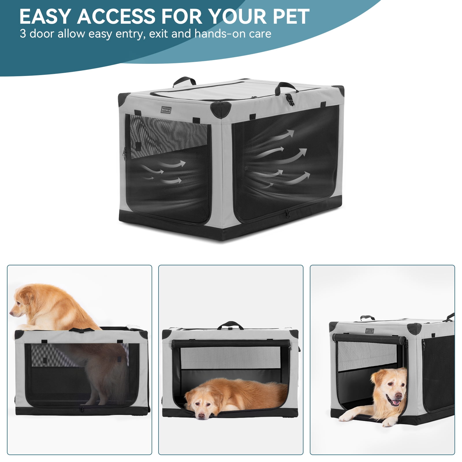 PETSFIT Soft Sided Dog Crate, Soft Dog Crate - 36 Inch Lightweight, Easy Setup, Sturdy Portable Dog Crate, Adjustable Framework with 3 Mesh Door, Collapsible Dog Kennel Grey
