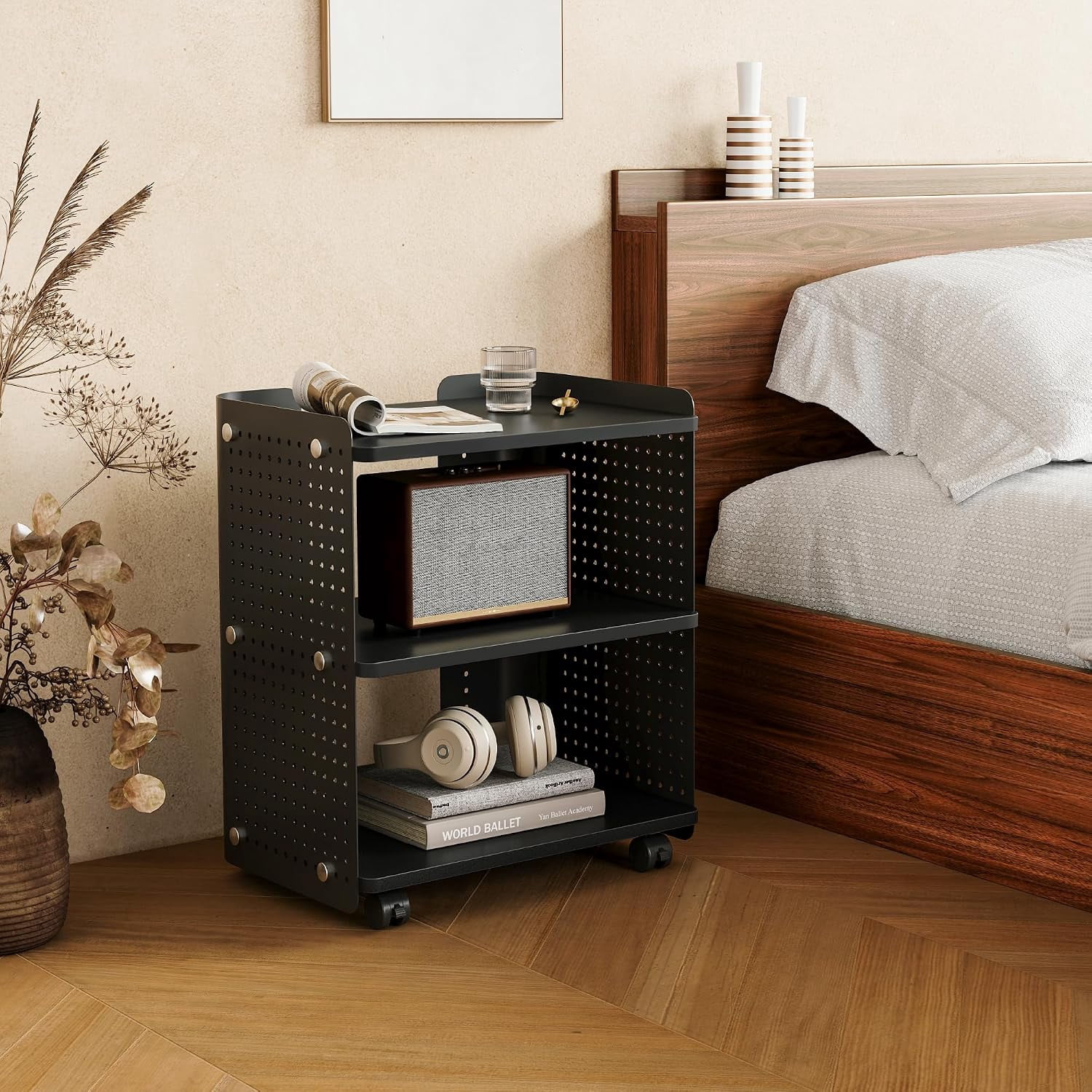 Fenge 3-Tier Rolling Printer Stand with Pegboard Storage, Black, 17.8 x 13.2 x 21.8 in