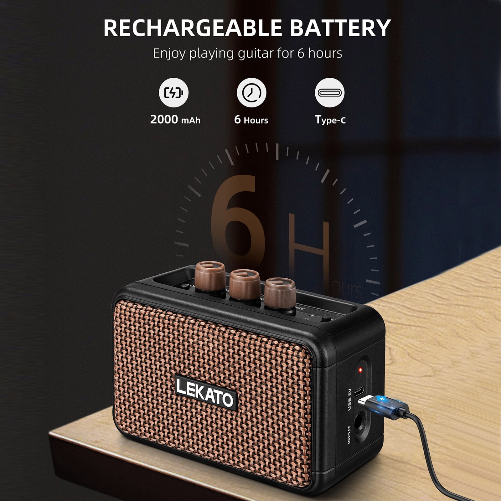 LEKATO Mini Electric Guitar Amplifier Dual Speakers 5W Rechargeable Guitar Amp Bluetooth with Clean Overdrive Effects Retro Portable Small Guitar Amp for Practice