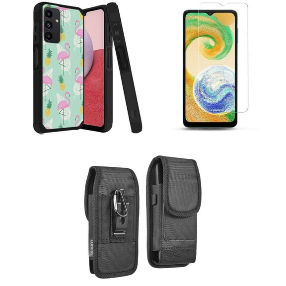 MK Dual Layer Slim Case for Galaxy A14 5G with Durable Shockproof Impact Resistant Protective Cover with Glass Screen Protector and Vertical Rugged Nylon Belt Holster Pouch (Flamingo)