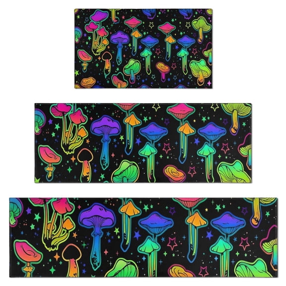 Rainbow Mushroom Neon Black Pattern Kitchen Rugs Sets Of 3,Kitchen Runner Rugs Non Skid Washable,Decorative Kitchen Floor Mats for Kitchen,Sink,Laundry,17"x30" 17"x47" 17"x59"