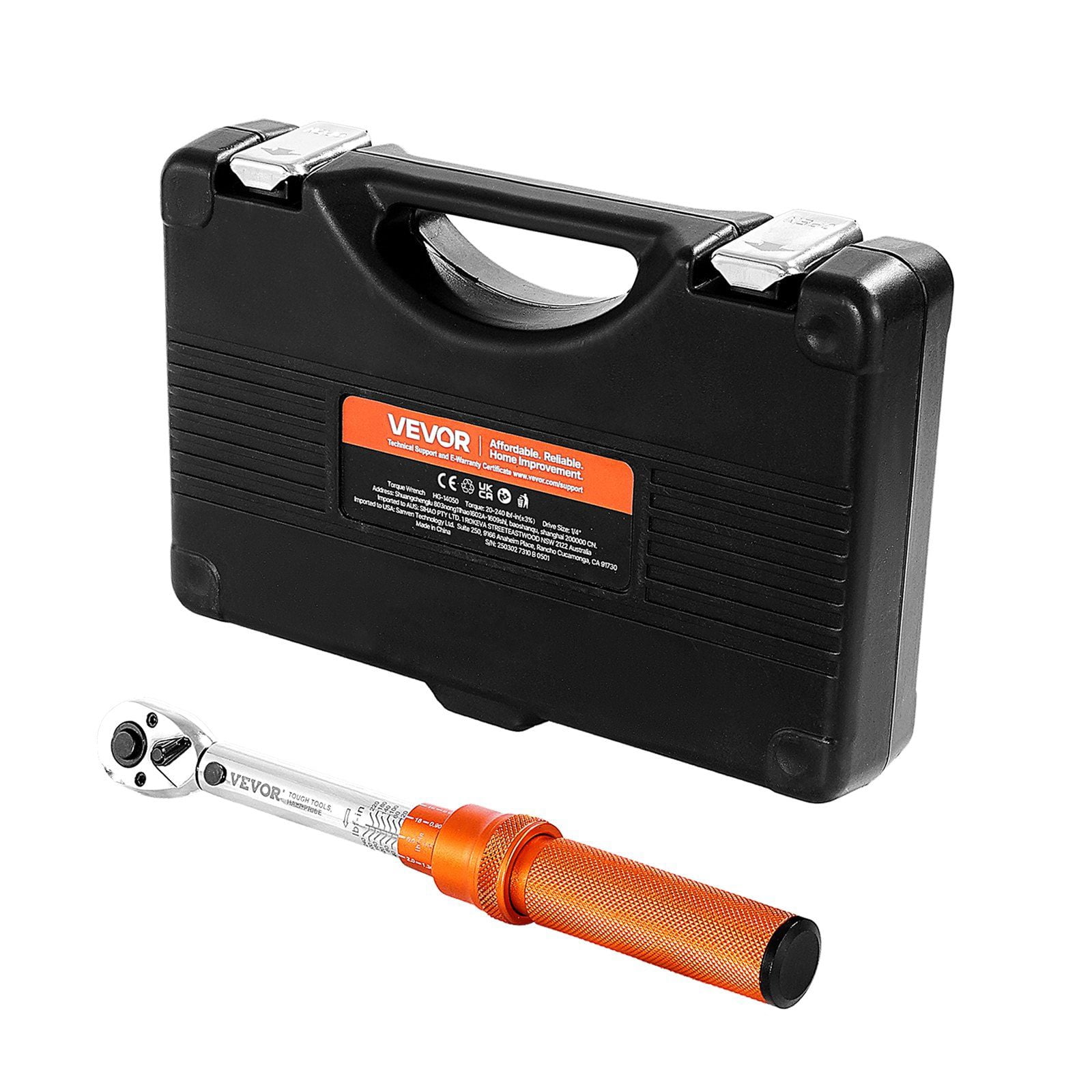Click Torque Wrench Set, 1/4-Inch Drive, 20-240 lbf.in/2.26-27.1 N.m, 72-Tooth Reversible Ratchet Head, Orange, Precision Instrument for Bicycles, Motorcycles, Cars