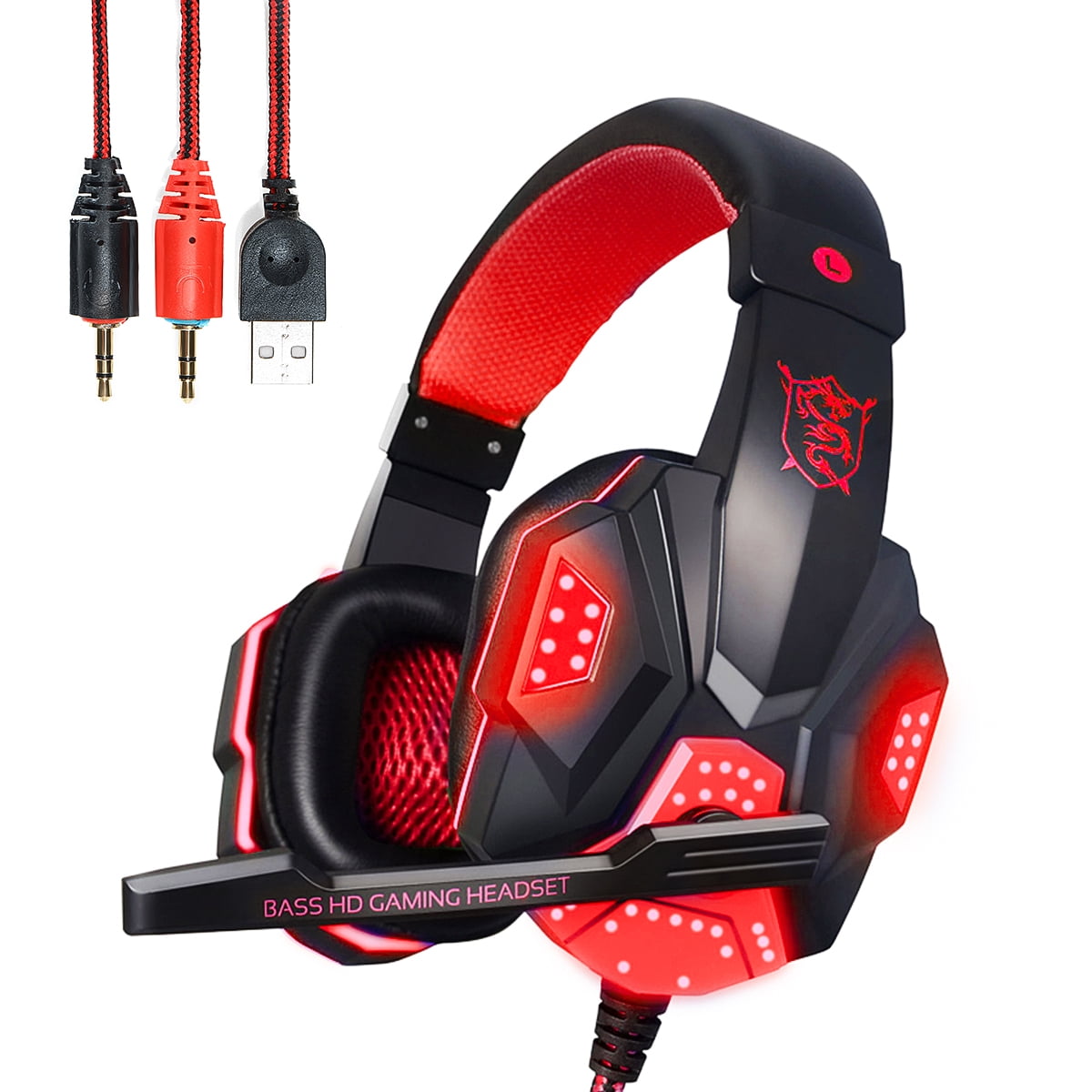 PLEXTONE PC Gaming Headset with Mic, Noise Reduction Retractable Wired Headphones with LED Lights, Stereo Bass Surround Over-Ear Earphones Earmuffs