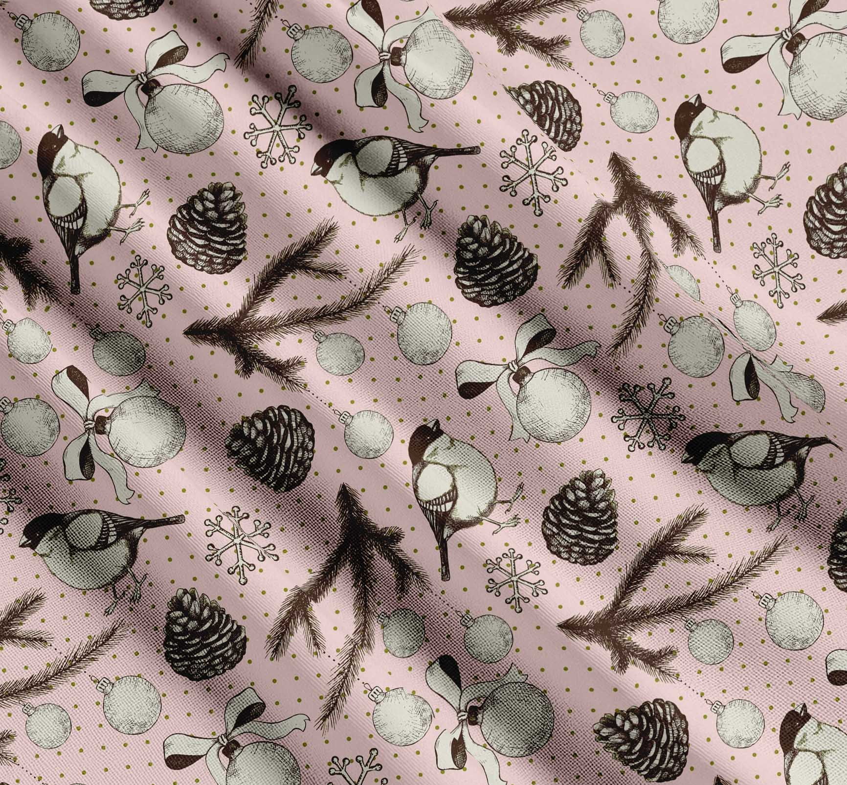 Soimoi Pink Cotton Cambric Fabric American Robin & Baubles Christmas Print Fabric by The Yard 56 Inch Wide
