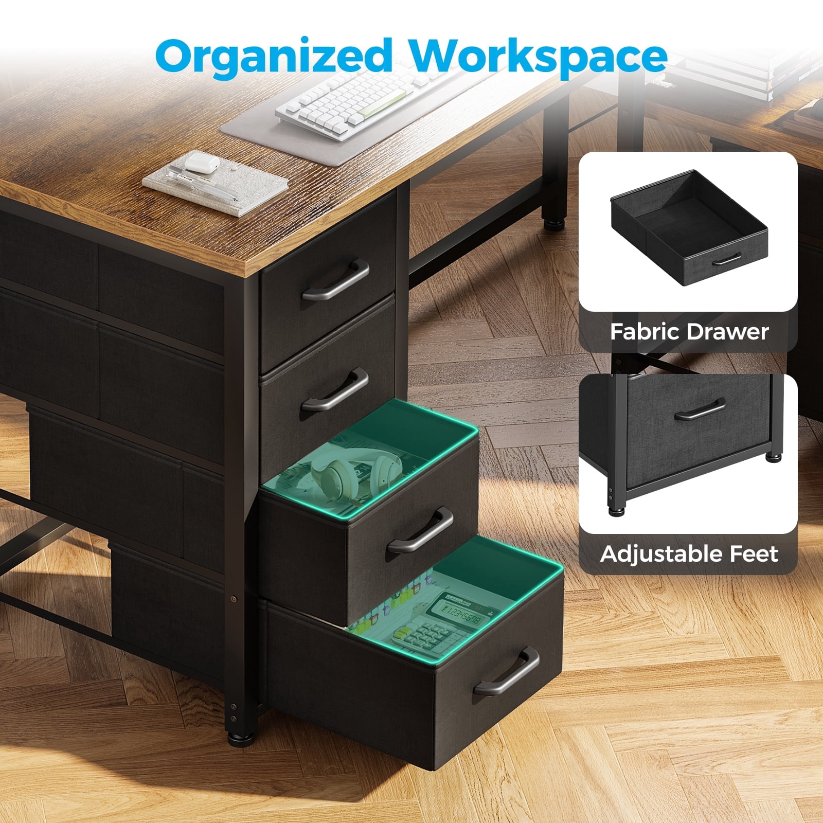 55 Inch Computer Desk with Filing Cabinet & Drawers, Office Desk with Storage Shelf & Power Outlets, Rustic Brown