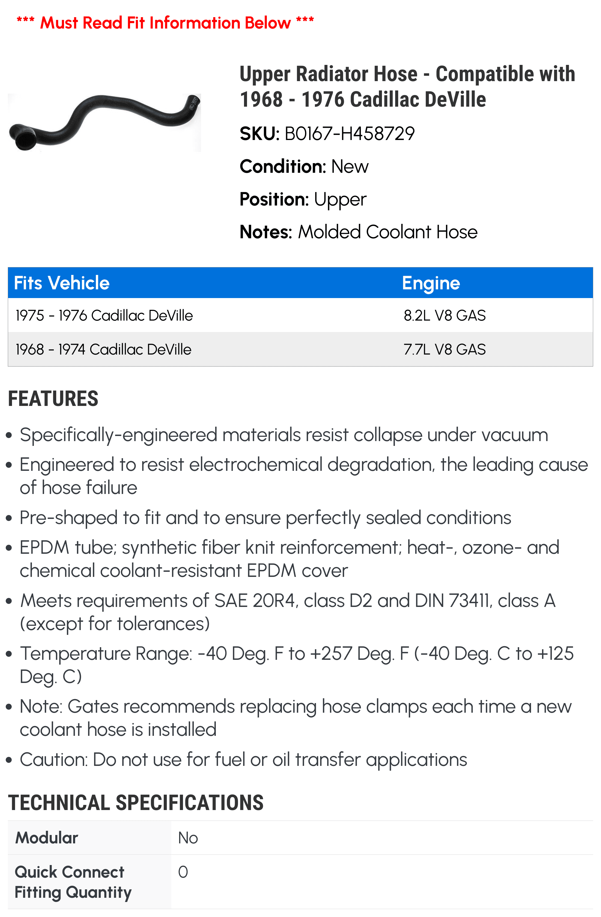 Upper Radiator Hose - Compatible with 1968 - 1976 Cadillac DeVille 1969 1970 1971 1972 1973 1974 1975