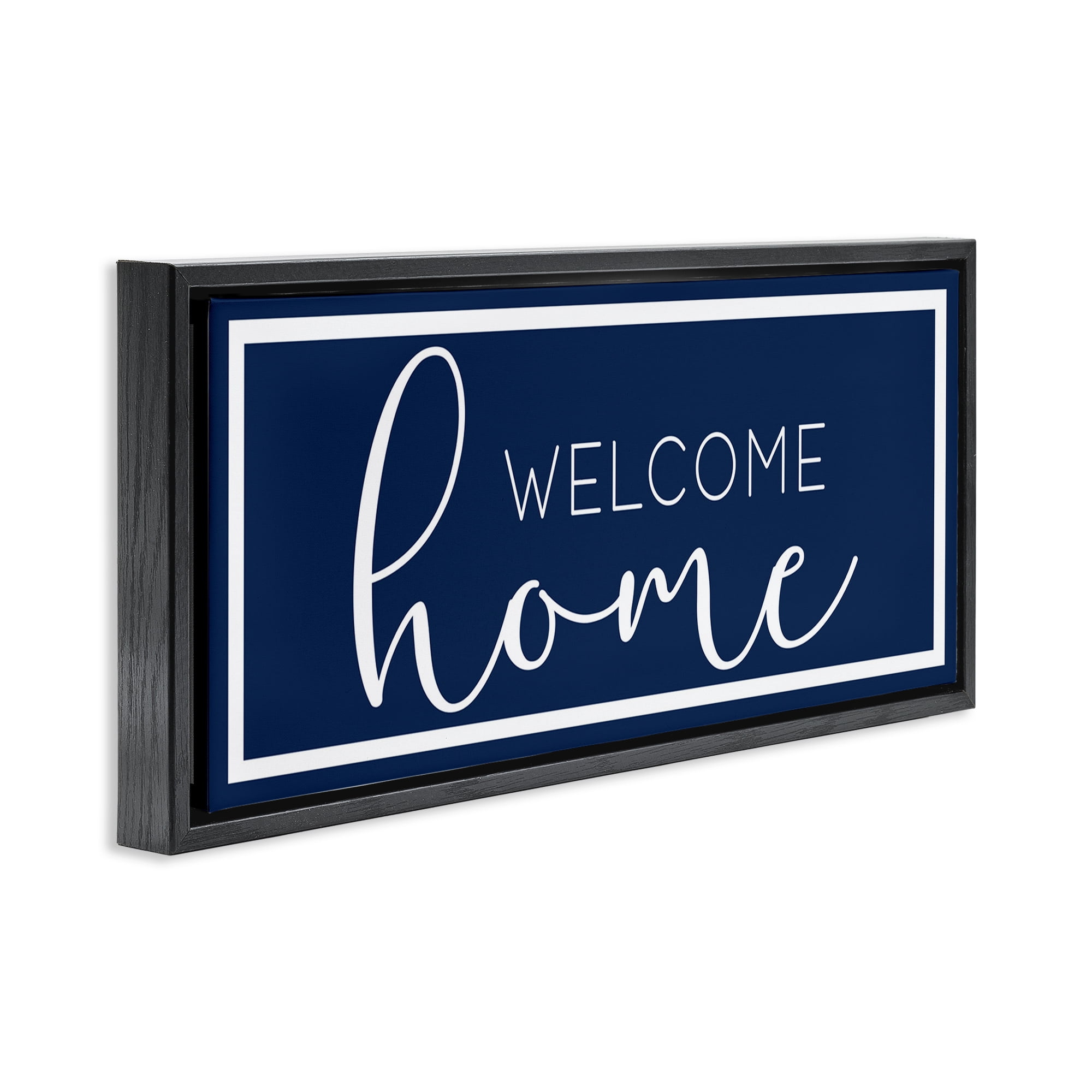 Stupell Industries Welcome on Blue Typography Painting Black Floater Framed Art Print Wall Art, 25 x 11