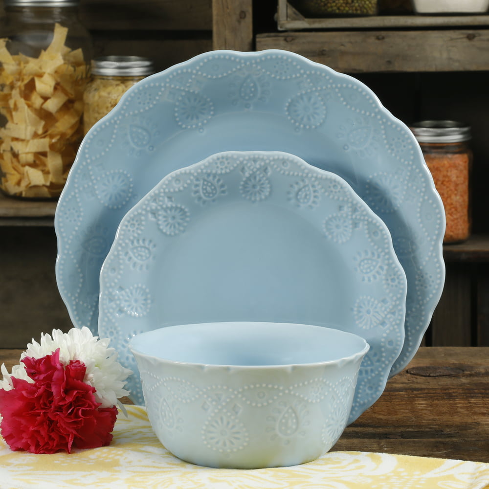 The Pioneer Woman Cowgirl Lace 12-Piece Dinnerware Set, Light Blue ...