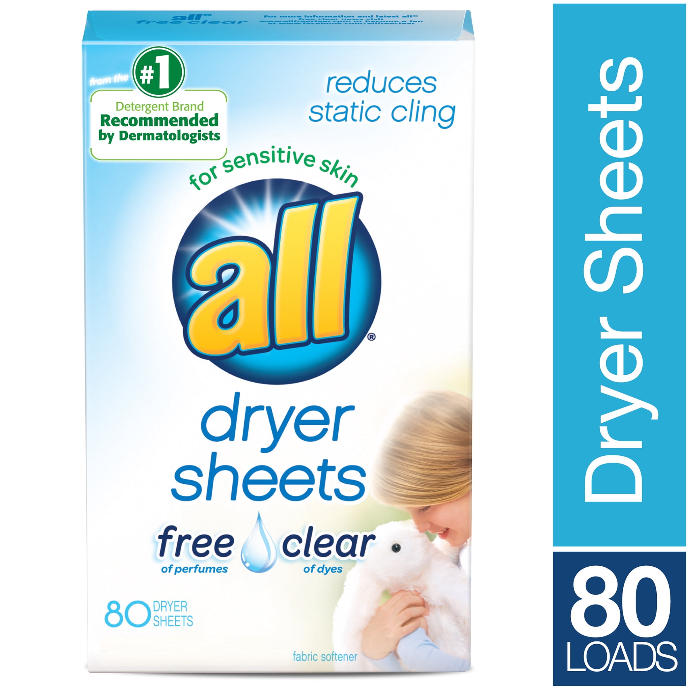 all Fabric Softener Dryer Sheets for Sensitive Skin, Free Clear, 80 Count