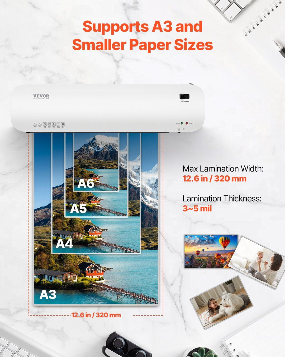 Thermal Laminator Machine for A3 Paper Portable Quick Warm 2-3 Minutes 3-5 mil Thickness Home Office School Supplies White and Black
