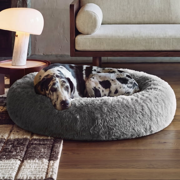 FurHaven Pet Products Calming Cuddler Long Faux Fur Donut Pet Bed for Dogs & Cats - Gray, Jumbo