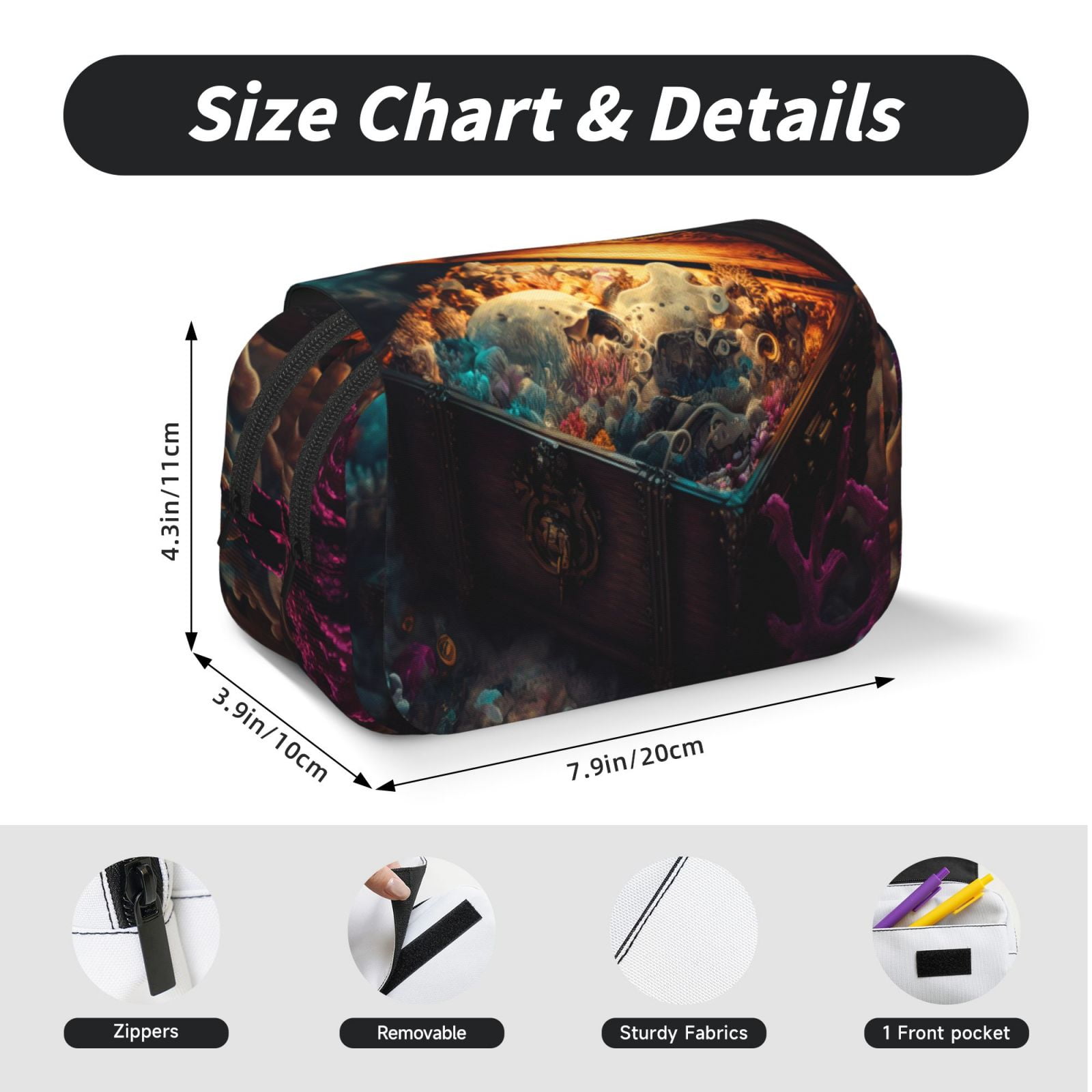 Rateoe Underwater Treasure Chest Pattern Double Clamshell Pen Case, Storage Organizer with Two Zipper Compartments– Holds Up to 50 Pencils & Pens