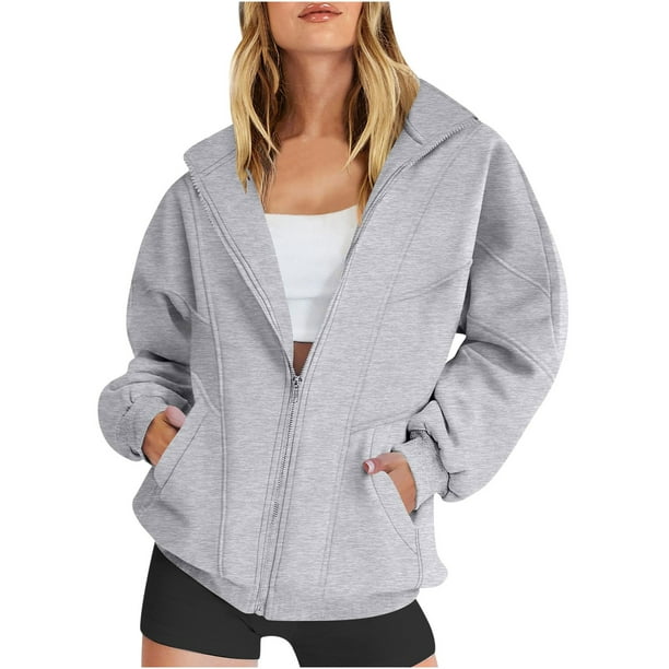 Chaquetas y abrigos casuales de manga larga sin capucha para mujer, chaqueta con cremallera, sudaderas de polar extragrandes de manga larga con bolsillos, atuendo informal preppy de otoño para adolesc