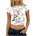 thumbnail image 2 of LEKWK Short Sleeve Crop Tops for Women Loose Fit Floral Printed Casual Shirts Crew Neck Lightweight Comfy Summer Tops Fashion Beach Vacation Outfits, 2 of 5