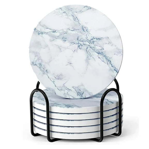 Absorbent Coasters for Drinks, Ceramic Stone Coasters Set with Metal Holder Stand, Durable Cup Coaster for Coffee Table with Cork Base for Table Protection for Housewarming Birthday Home Decor