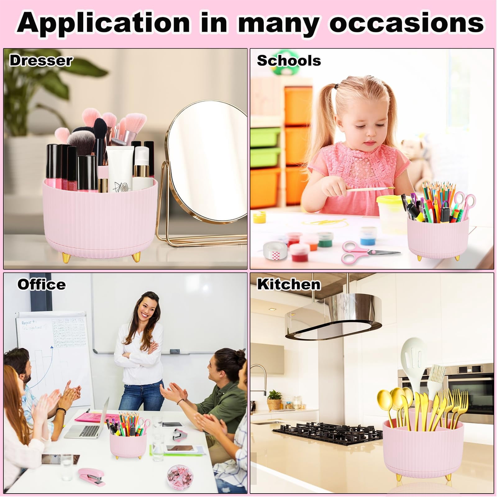 Pink Desk Organizers And Accessories Set With 360-degree Rotating Pen Holder  Tape Dispenser Stapler Staple Remover 1000 Staples Clips Ruler Scissor