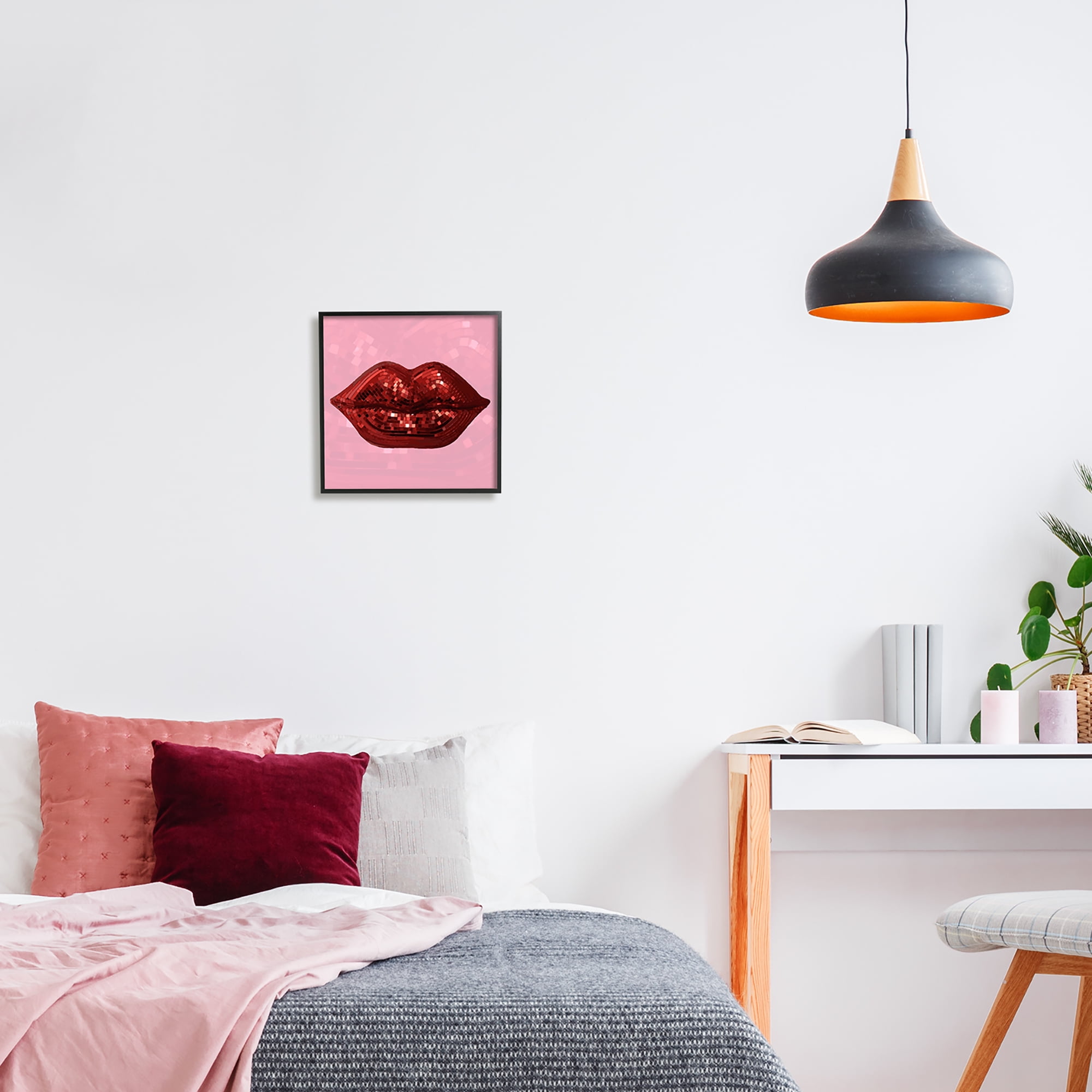 Stupell Industries Bold Pink & Red Lips Disco Pattern Beauty & Fashion Painting Black Framed Art Print Wall Art