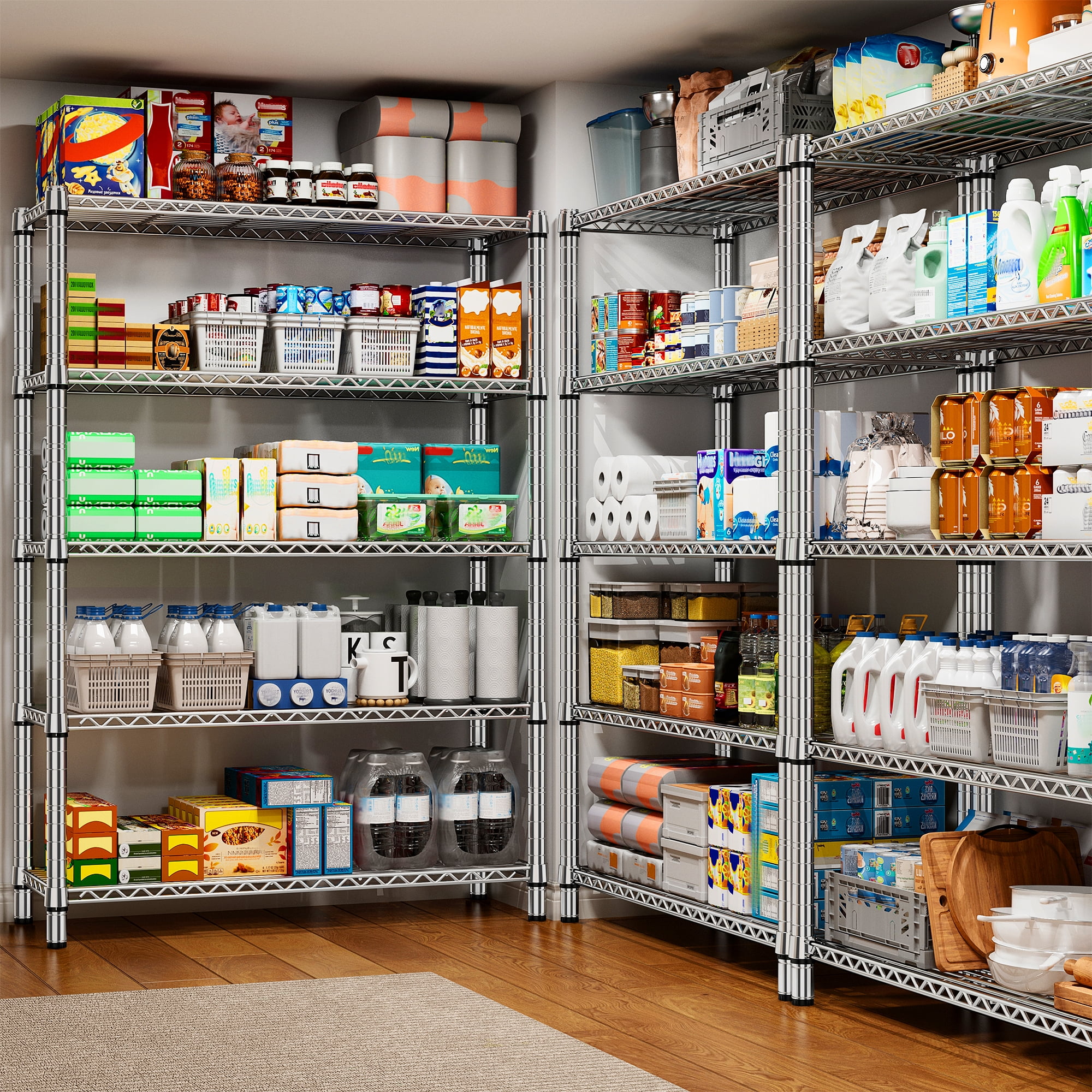 REIBII 5-Tier Storage Shelves Wire Shelving Unit Loads 1200lbs,35.5"Wx71"Hx14"D Heavy Duty Adjustable Storage Rack for Garage,Pantry Shelf,Kitchen Shelving,Chrome