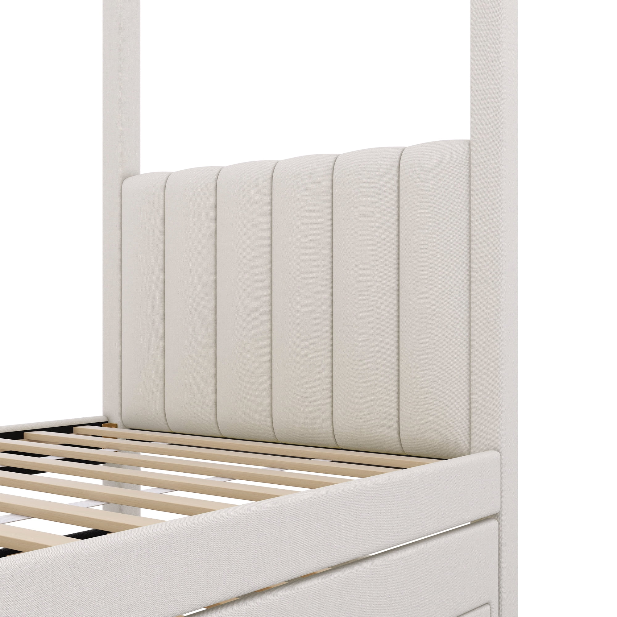 EUROCO Upholstered Twin Size Canopy Bed Frame with Trundle Bed and 3 Drawers, Platform Bed with Headboard for Kids Teens Adults, Beige