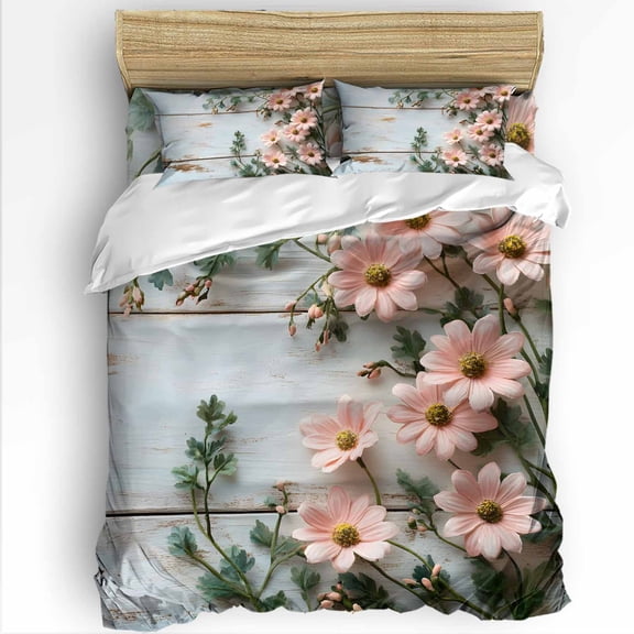 Spring Floral Queen Size Comforter Set, Pink Flower Green Leaves Idyllic Soft Bedding for All Seasons, 4 Pcs Bed Set with 1Comforter (90"x92") ,1 Sheet(94"x116"), 2 Pillowcases (19"x29")