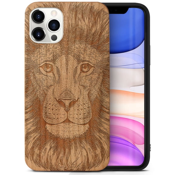 Case Yard Wooden Case Outside Soft TPU Silicone, Slim Fit Shockproof Wood Protective Phone Cover for Girls Boys Men and Women, Supports Wireless Charging Great Lion Design case for iPhone-12/12-Pro