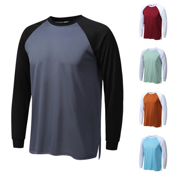 Men Long Sleeve Baseball Tshirt Raglan Shirt Color Block T Shirt Breathable Sports Top Light Blue XXXL