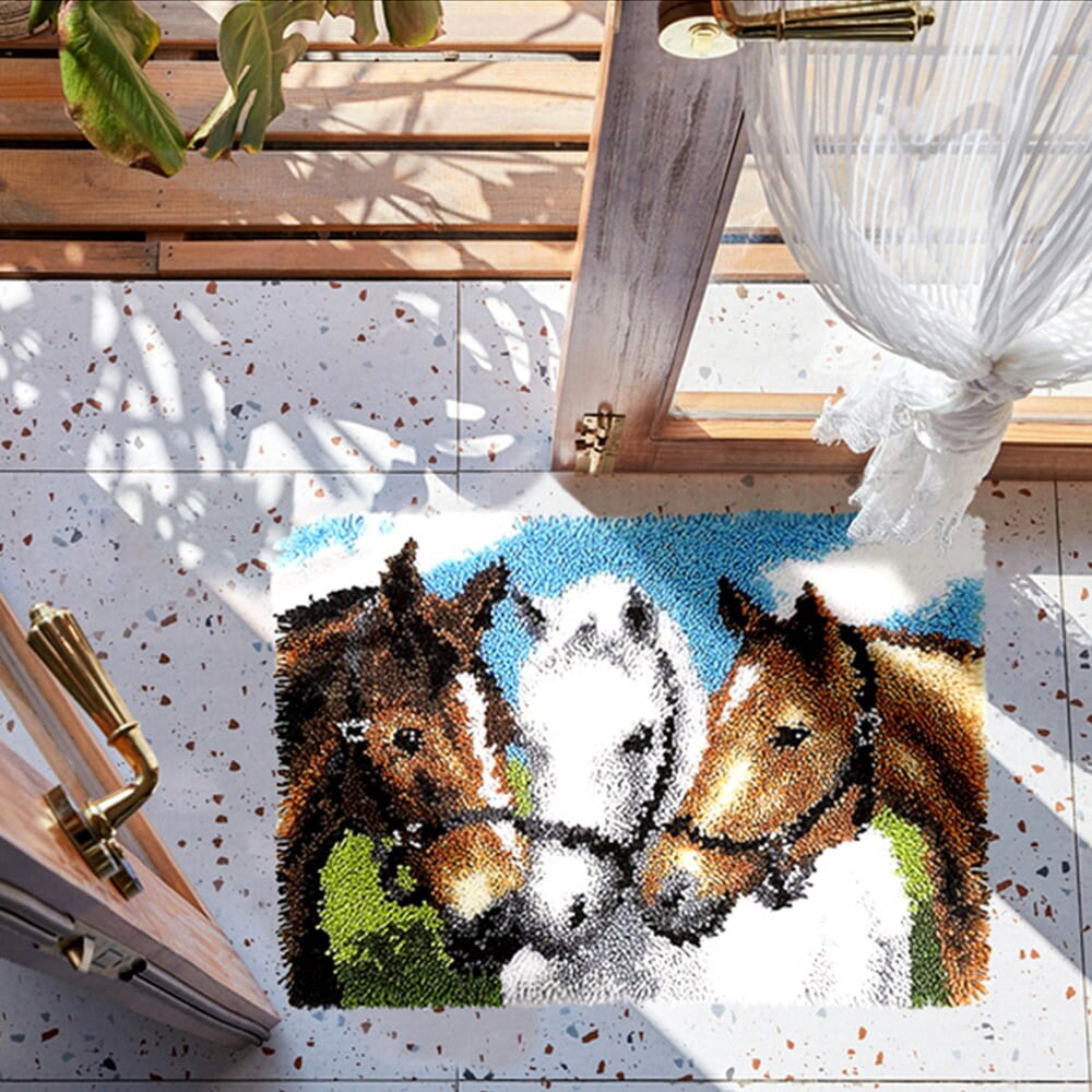 ShowNiceArt Rectangle Horses Pattern Latch Hook Rug Kit, DIY Embroidery Needlework for Adult & Kid Beginners, 16"×24"
