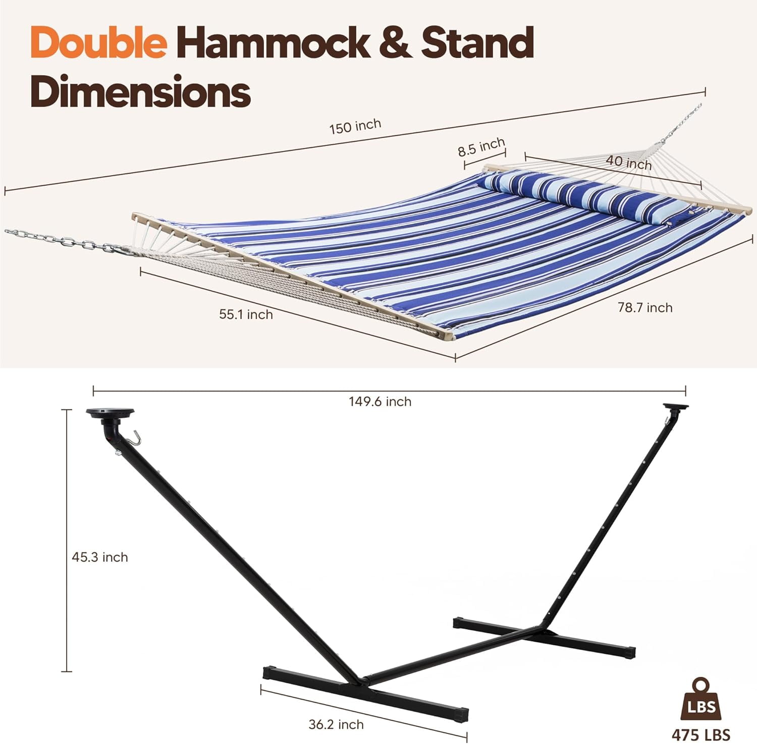 SUNCREAT Double Backyard Hammock with Solar Powered Lights for Outside, 475 lbs Capacity, Heavy Duty Self Standing Hammock with 12 ft Stand, Blue