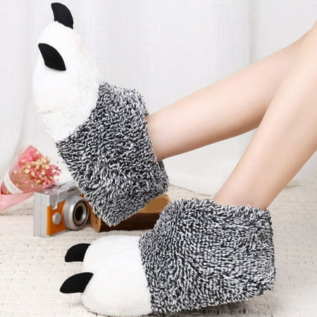 

Fashionable Winter Women Slippers Flat Non Round Toe Soft Plush Warm Comfortable Cartoon Animal Shape Gray E