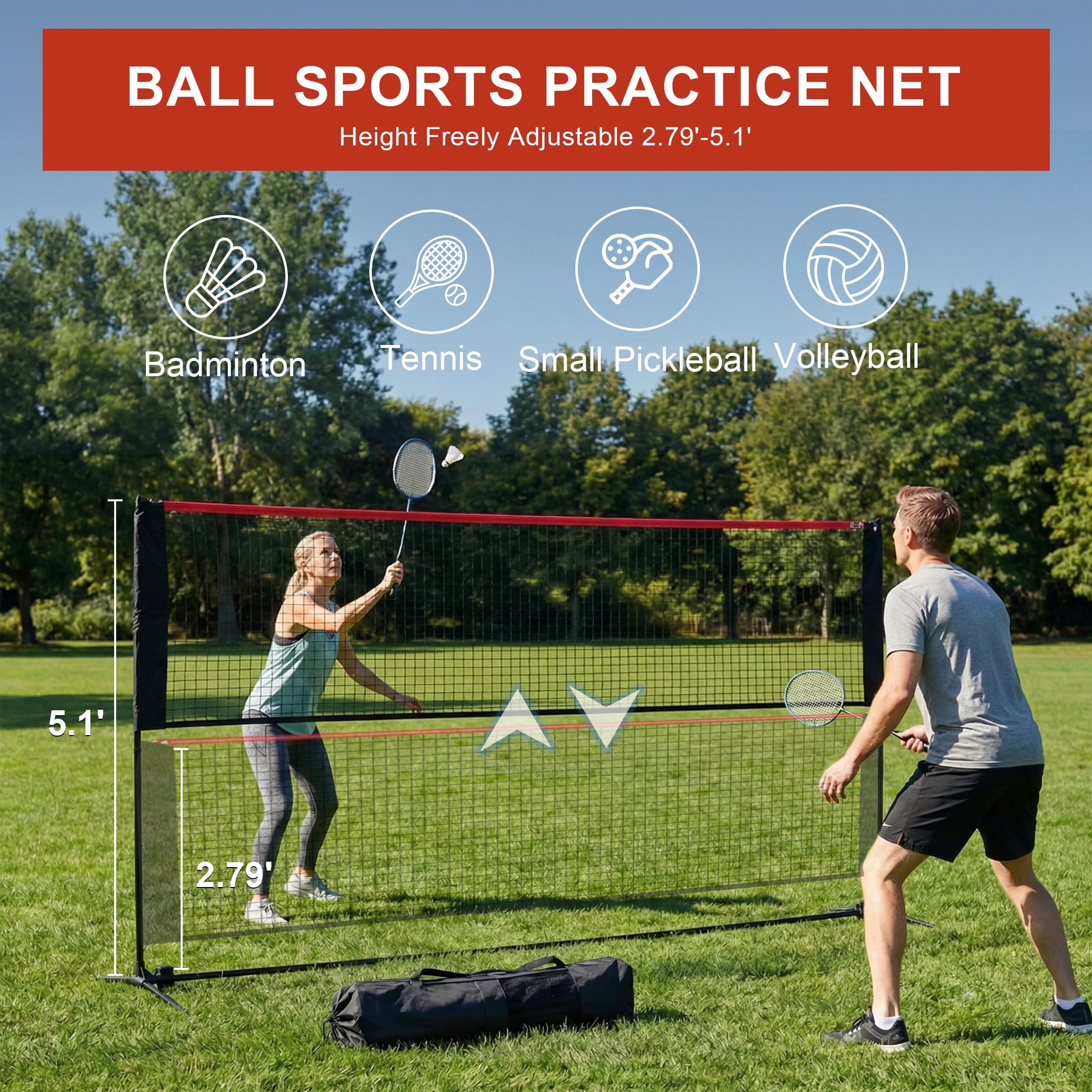 edx Portable Badminton Net Set - 14FT Adjustable Height for Outdoor & Indoor Use, Includes Carry Bag, Easy Setup No Tools Needed, Red-Black