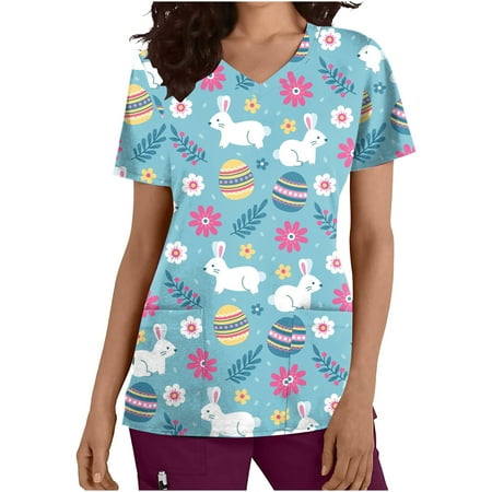 

Tarmeek Women s Scrub Tops Easter Shirts Short Sleeve V-neck Tops Uniform Easter Printed Pockets Blouse Nursing Easter bunny Costume Casual Easter Print Plus Size Tops