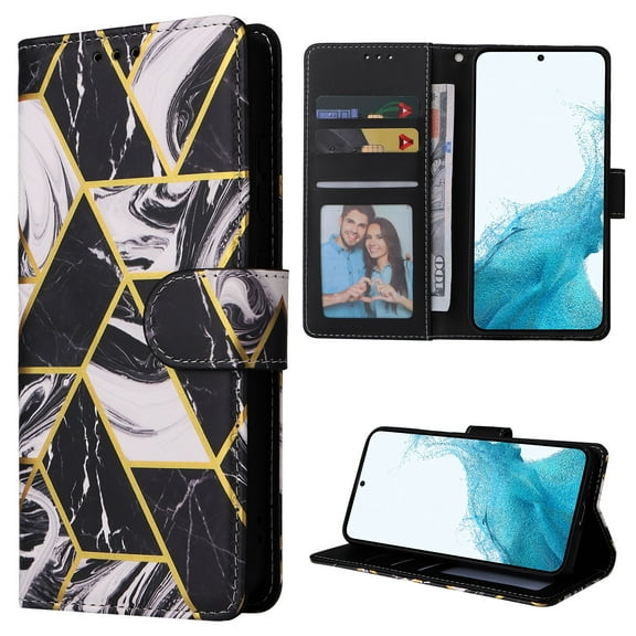 Premium Wallet Case for Samsung Galaxy A14 5G, Marble Pattern PU Leather Soft Silicone Shockproof Wrist Strap Handbag Flip Cover with Magnetic Clasp Card Slots Holder Kickstand Case, Black