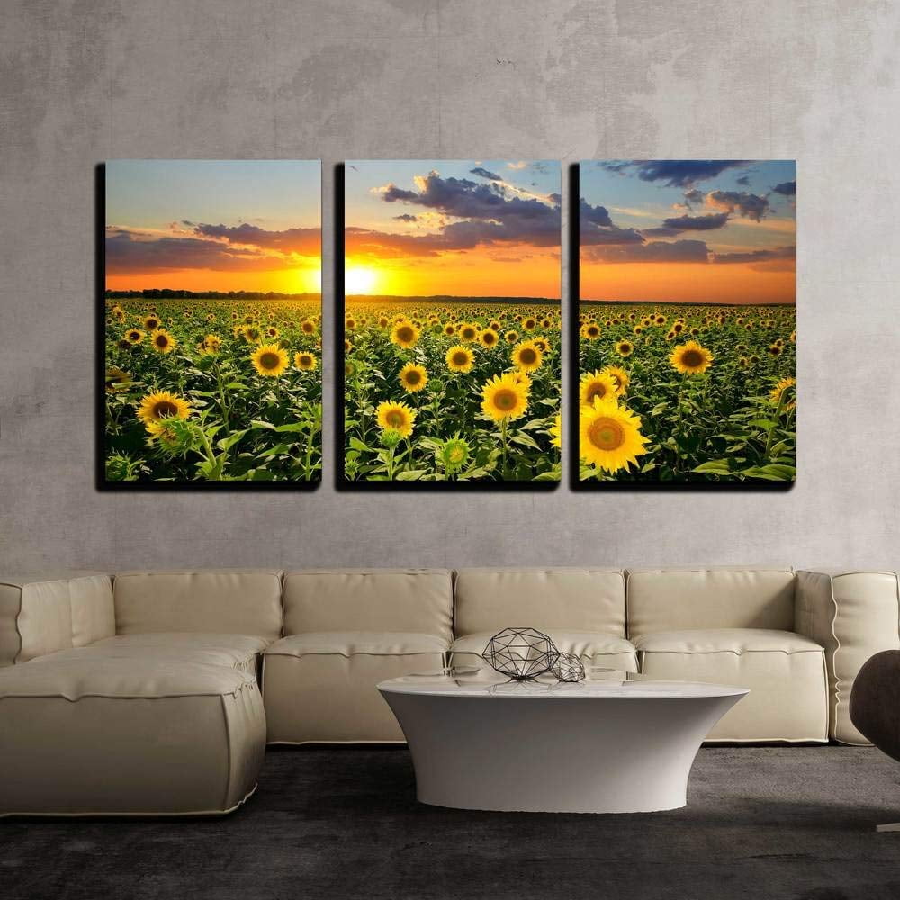 Wall26 3 Piece Canvas Wall Art Field of Blooming Sunflowers on a Background Sunset Modern