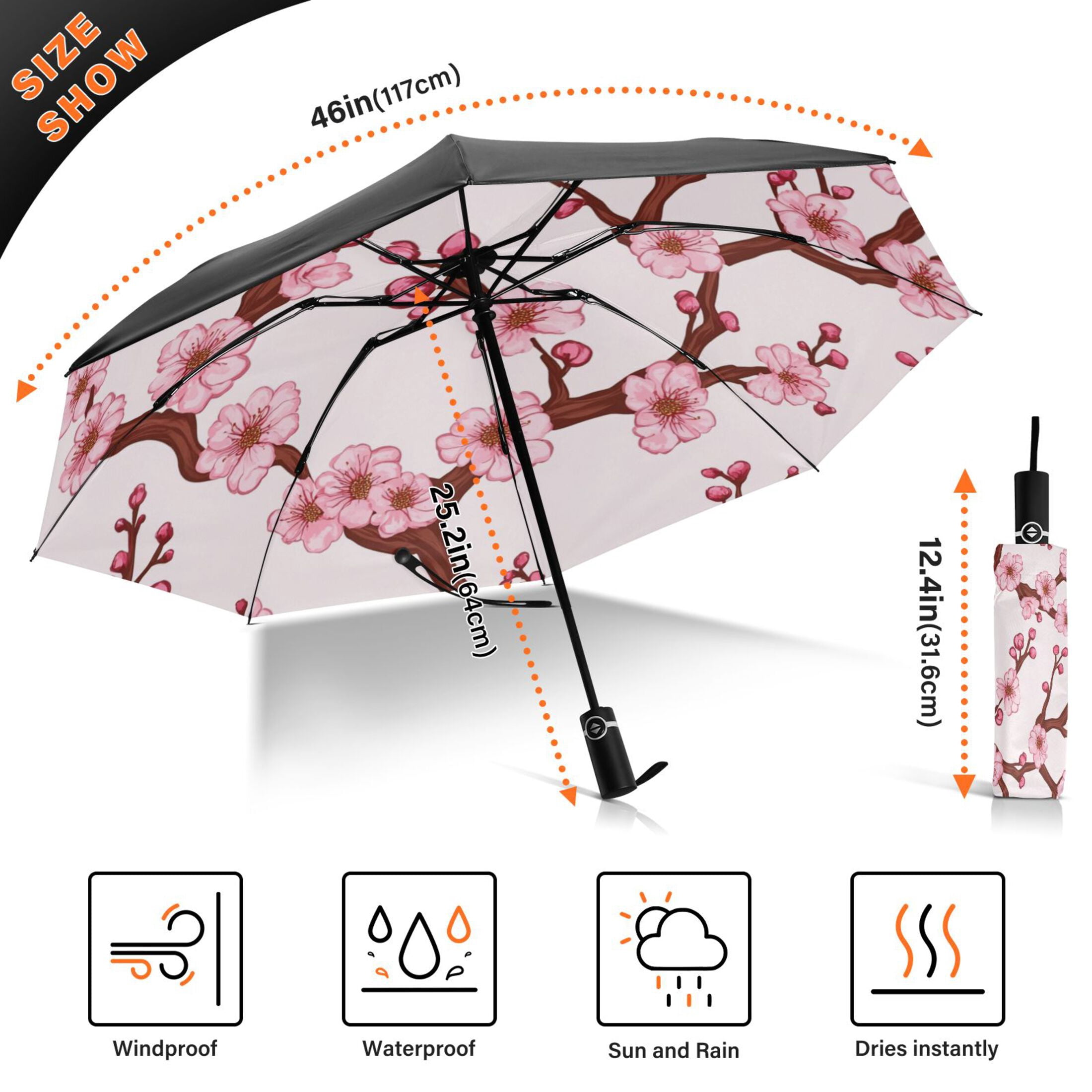 Pink Blossom Branches Extra Large Automatic Umbrella, UV Protection, Waterproof, Auto Open and Close