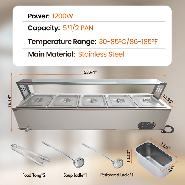 EDTara Stainless Steel 5-Pan Bain Marie Steam Table With Glass Guard, 60qt Buffet Server for Events