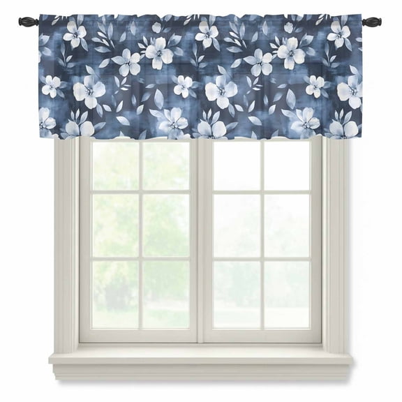 Navy Blue Spring Floral Valance Curtains for Kitchen/Living Room/Bathroom/Bedroom Window,Rod Pocket Small Topper Half Short Window Curtains Sheer Scarf,Summer Flowers Watercolor Botanical 42"x18"