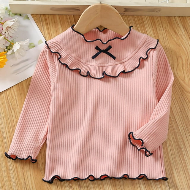 Cowsor Girls Soft Ribbed Peter Pan Collar Bow T-Shirt Sweet and Ribbed Knit Casua Cute Tops