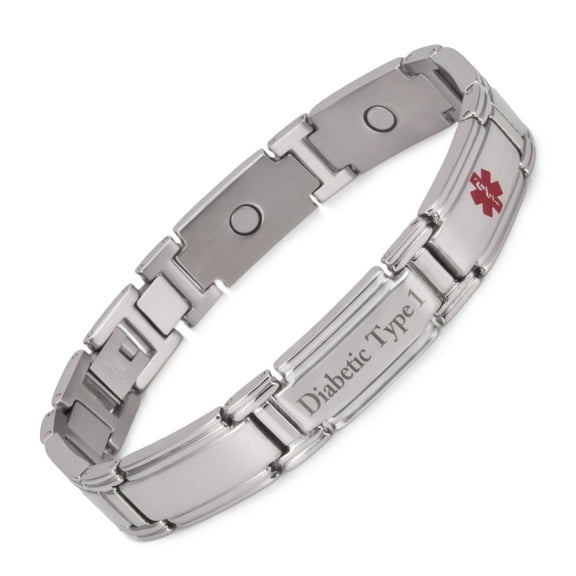 Magnetia Stainless Steel Medical Alert Bracelets for Men, 8.66 inches, Health Magnetic Gift for Dad, Husband, Pre-Engraved Diabetic Type 1