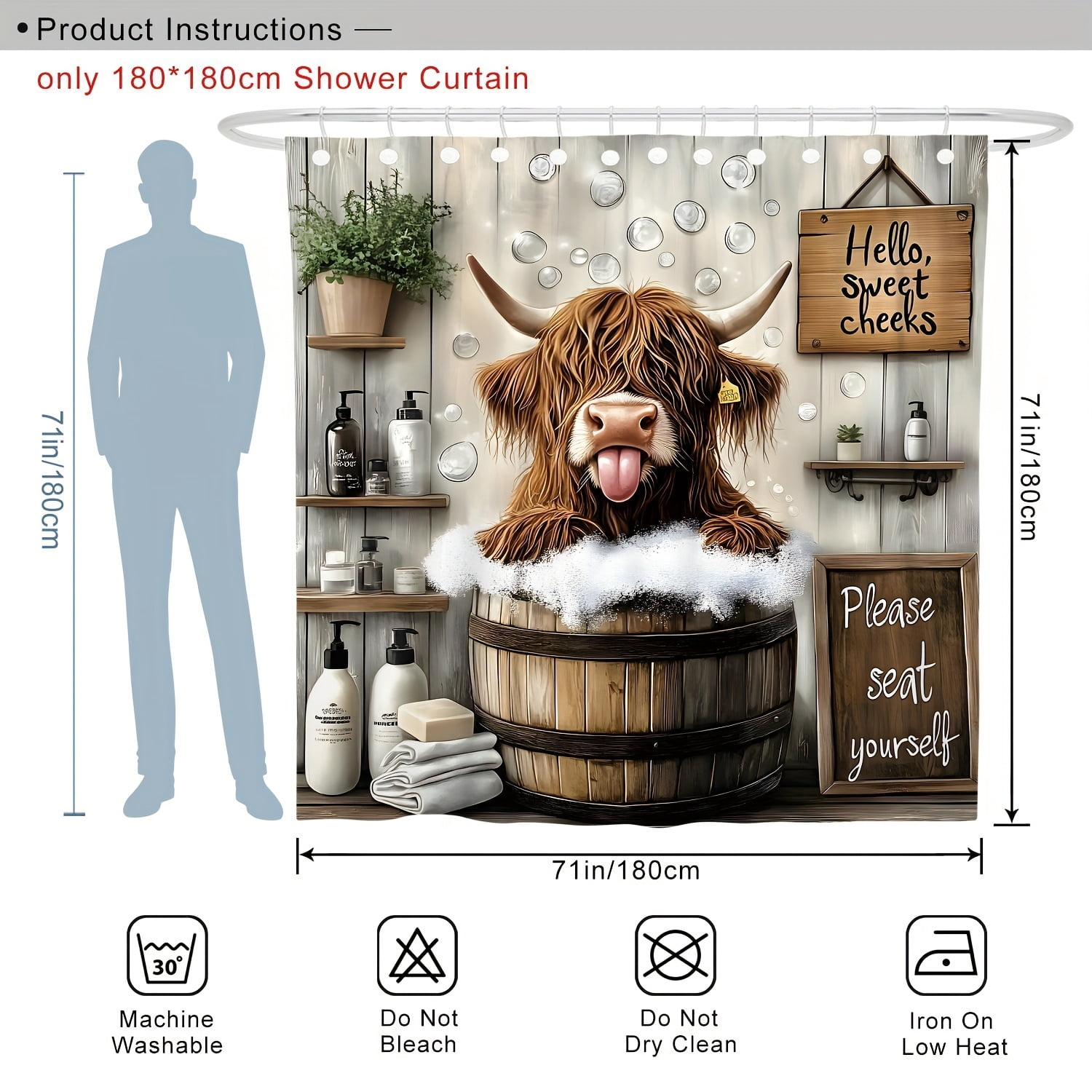 4 Piece Funny Highland Cow Shower Curtain Set - Farmhouse Woodland Bathroom Decor - Washable Fabric Curtain - Rugs and Cover