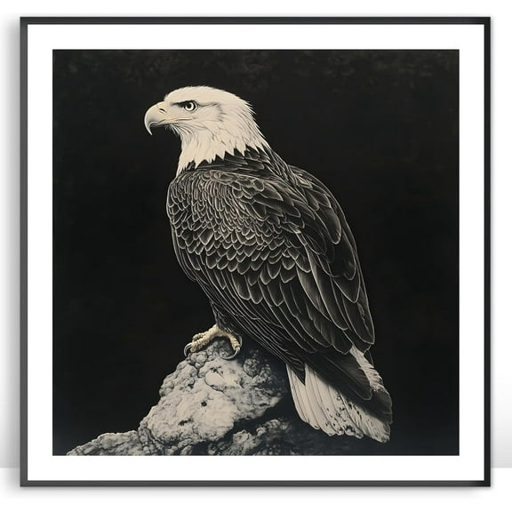 Moonow7 Bald Eagle Wall Art Prints, Large Black and White Poster for Bedroom or Living Room Display, Nature Bird Artwork Picture for Office or Rustic Wall Decor, Unframed Size 50x50 cm / 20x20”