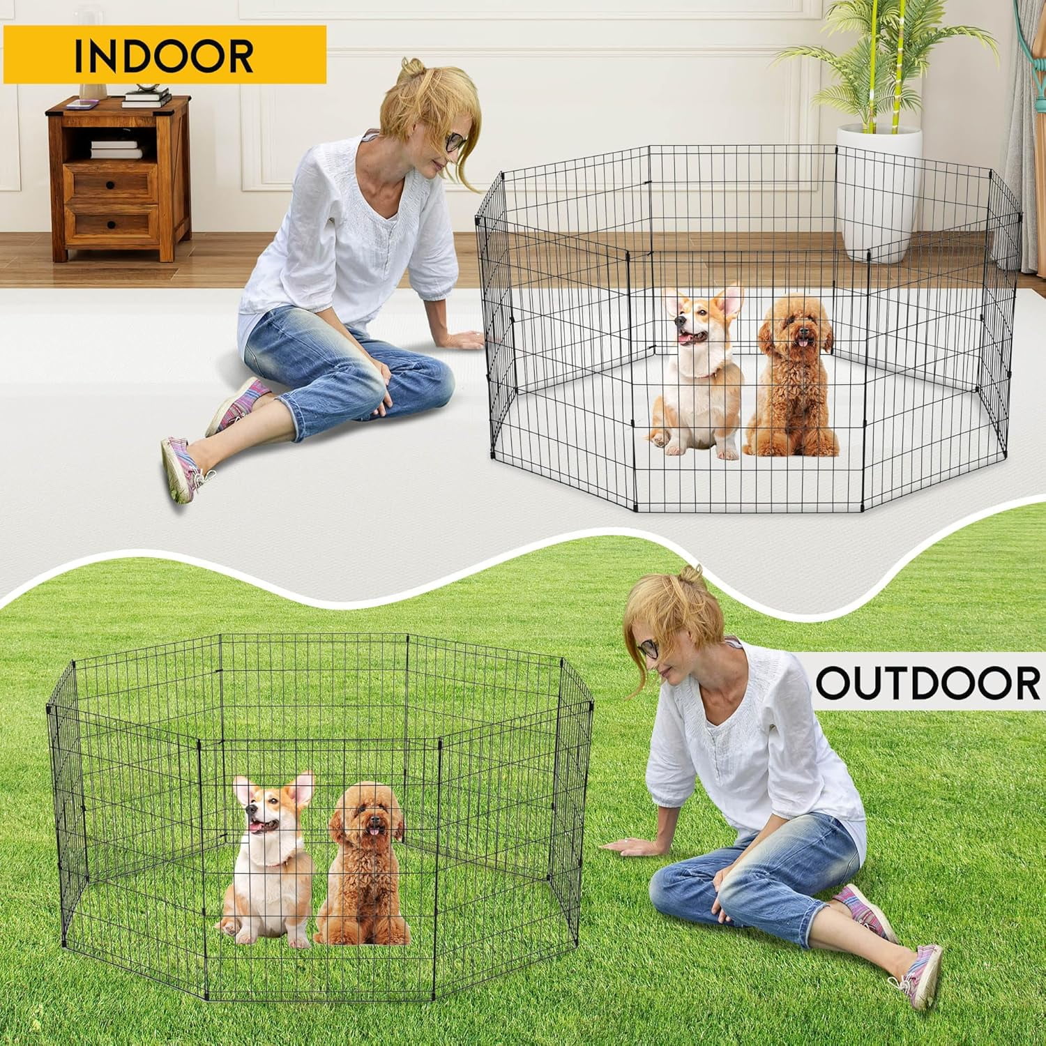 FDW 30 Inch Black Metal Dog Playpen, 8 Panel Foldable Portable Animal Fence for Puppy