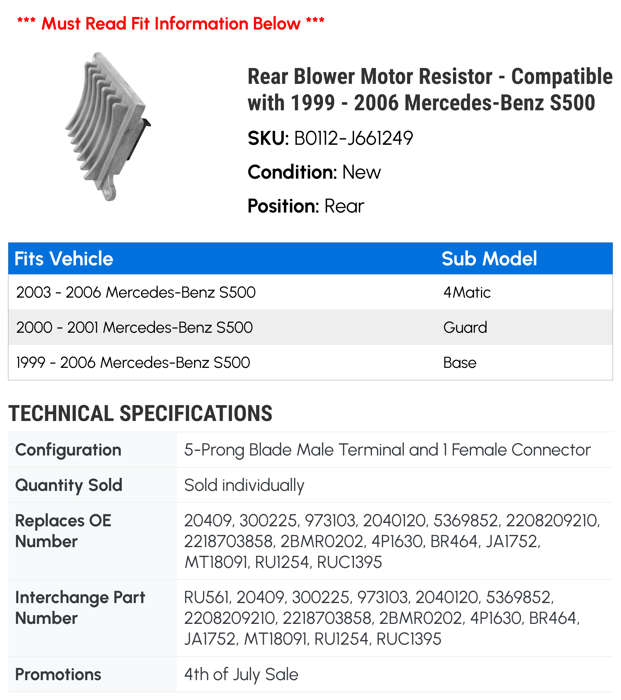 Rear Blower Motor Resistor - Compatible with 1999 - 2006 Mercedes-Benz S500 2000 2001 2002 2003 2004 2005